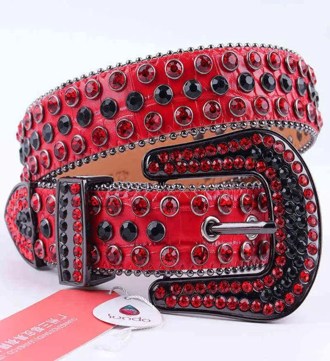 Genuine Leather Red Rhinestone Belt Luxury Designer Cowboy Belt Bling Dimond Studded Belts For Woman Man Cinturones Para Hombre AA4317197