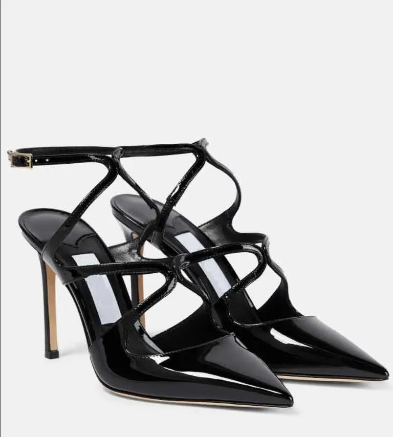 2024 женские туфли-лодочки Лондон сандалии на высоком каблуке AZIA PUMP 75/95 мм с ремешком на щиколотке туфли из лакированной кожи с острым носком роскошный женский дизайнер с коробкой 35-43EU