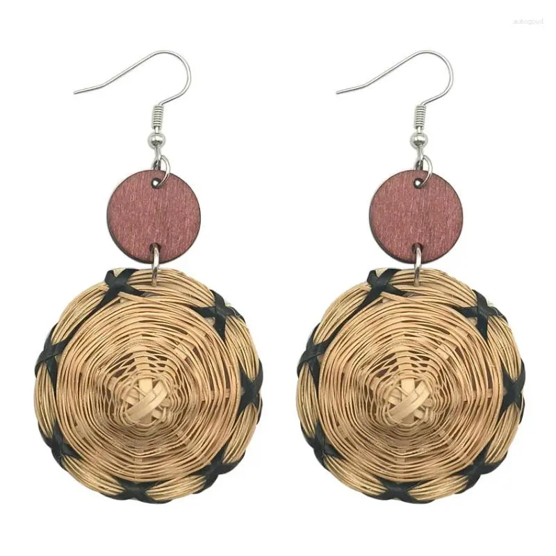 Boucles d'oreilles pendantes en bois de rotin naturel tissé à la main pour femmes, style Boho, chapeau en bois de bambou, paille, bijoux faits à la main, vente en gros