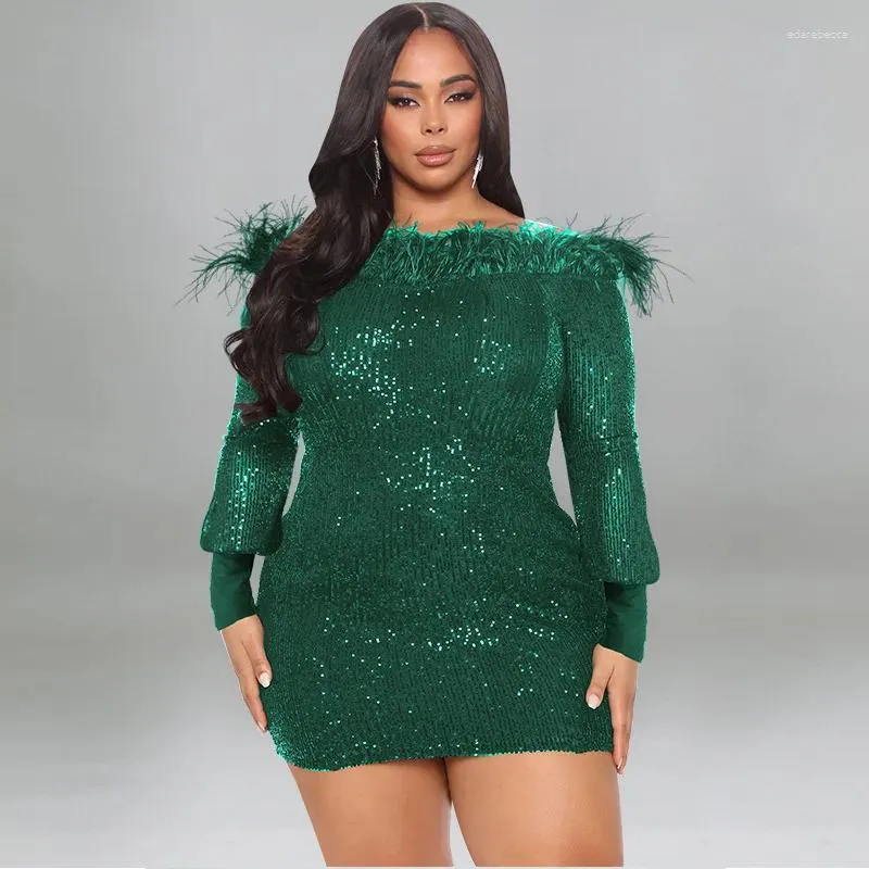 Plus Size Kleider Elegantes Minikleid mit Federn und Pailletten für Frauen, schulterfrei, glitzernd, figurbetont, Nachtclub-Party