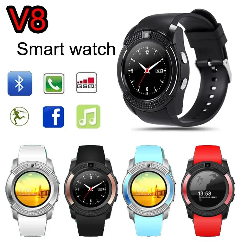 Relógios v8 relógio inteligente sim telefone redondo dial bluetooth display full hd com câmera 0.3m mtk6261d esportes smartwatch wearable relógio de pulso vs g