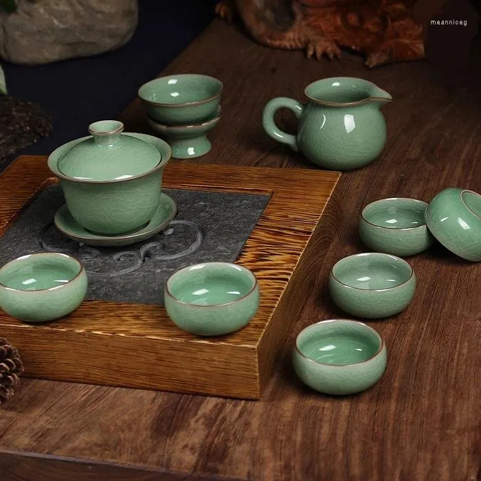 Teaware Sets Genuine Longquan Celadon Ge Kiln Opening Piece Iron Wire Ice Crack Complete Set Of Tea Infuser Tureen And Cup