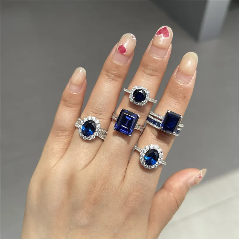 T GG WED DIAMOND SAPPHIRE DESIGNER RING FÖR KVINNA 925 Sterling Silver Blue Zirconia Round Sqaure Heart Luxury Wedding Engagement Womens Rings smycken Presentlåda Storlek