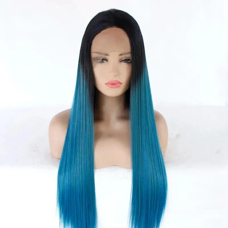 Wigs Wholesale Straight Lace Front Wig Ombre 1B Blue Hair Heat Resistant Fibers Synthetic Lace Front Wig Glueless Half Hand Tied for Al