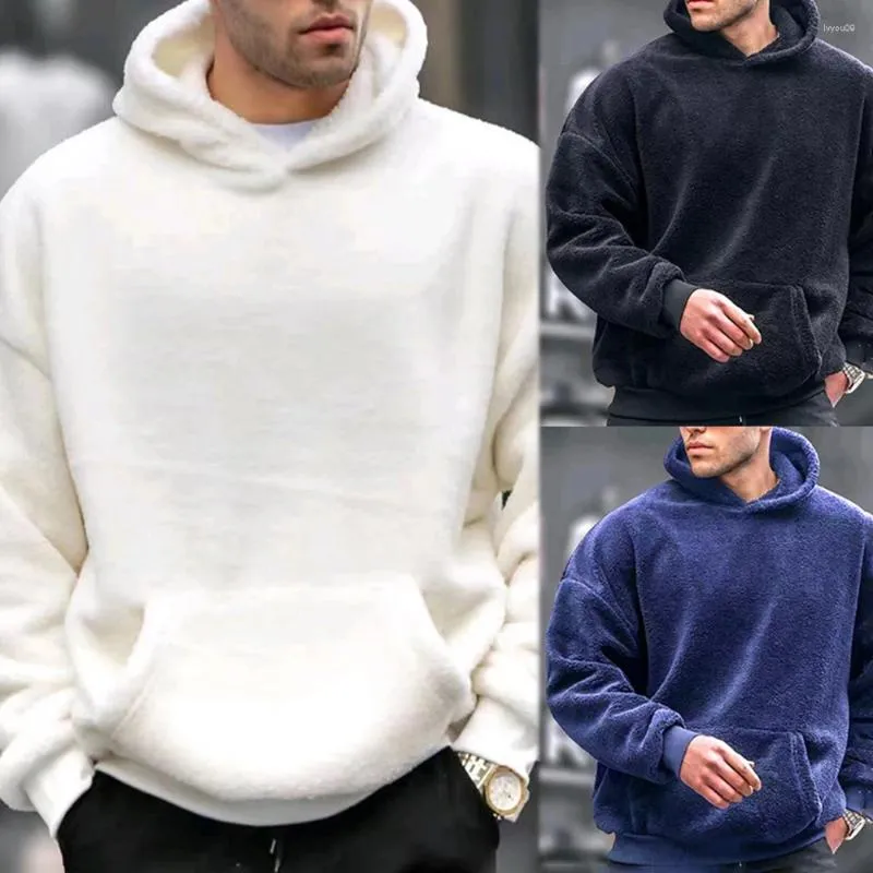 Herrtröjor vinter män huva fleece tröja fast färg lös huvtröja med fickor pullover streetwear kläder reversibel huva
