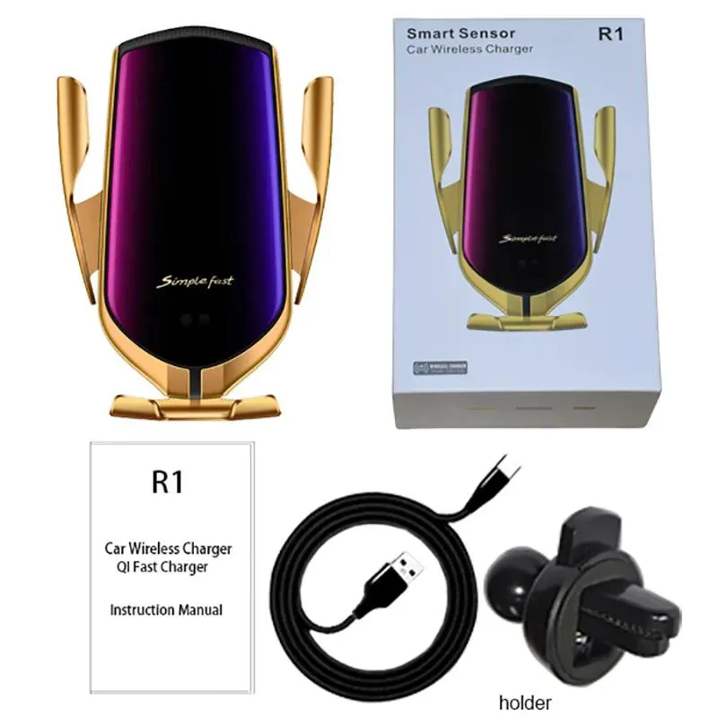 شواحن R1 10W CAR اللاسلكي الشاحن اللاسلكي التلقائي حامل الهاتف الحث Qi Charger حامل لـ iPhone 8 X 11 12 Samsung S9 S10 UNIVER