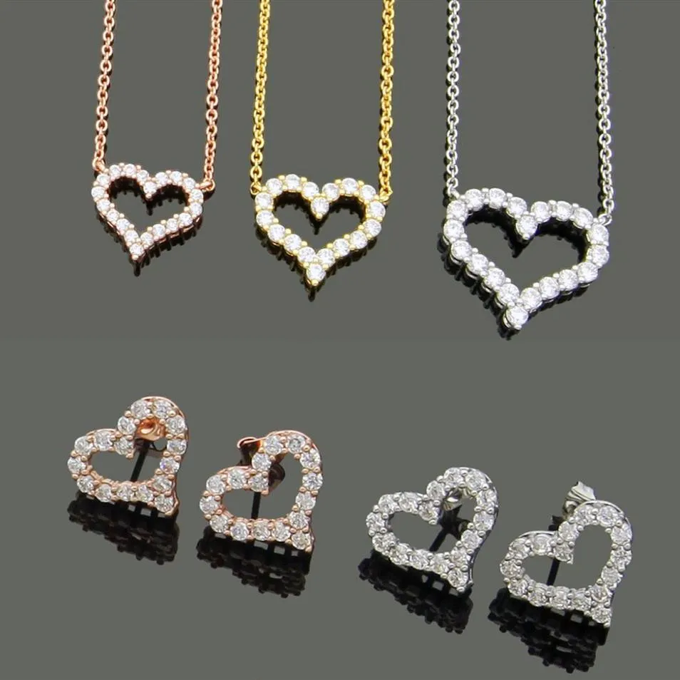 Designer Jewelry Women Diamond Heart Pendant Necklaces Rose gold Earrings Suits Never Fading Stainless Steel 3 Colors Silver Golde295o