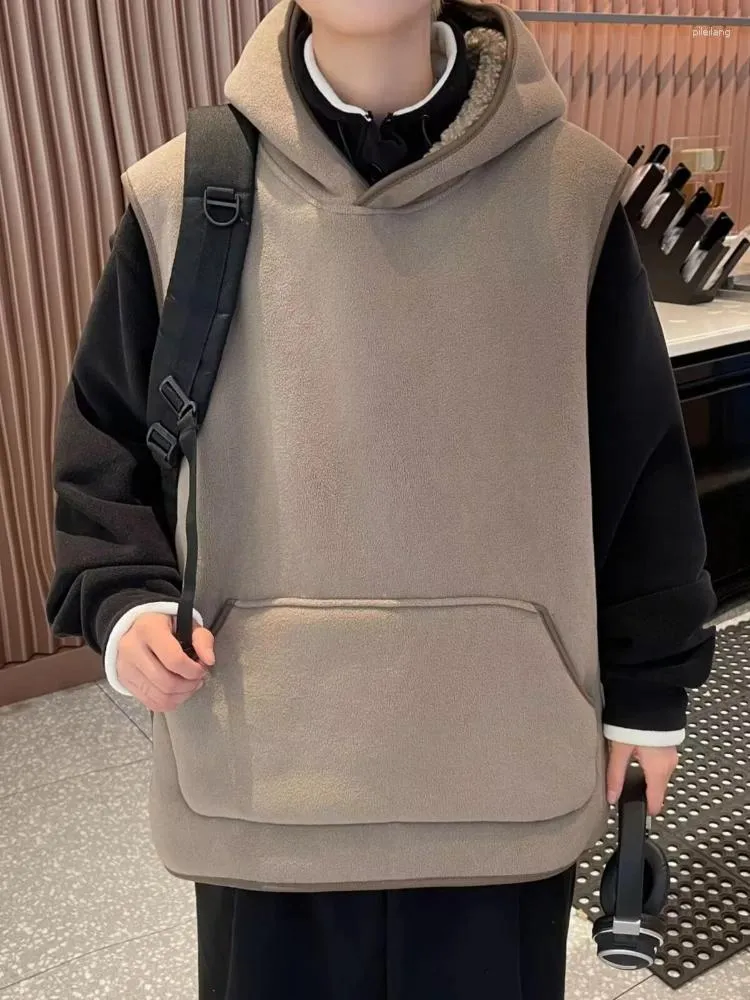 Män västar flanell väst män vintermode stack bär en stor fickjacka hoodie termisk midja fashionabla pojkar