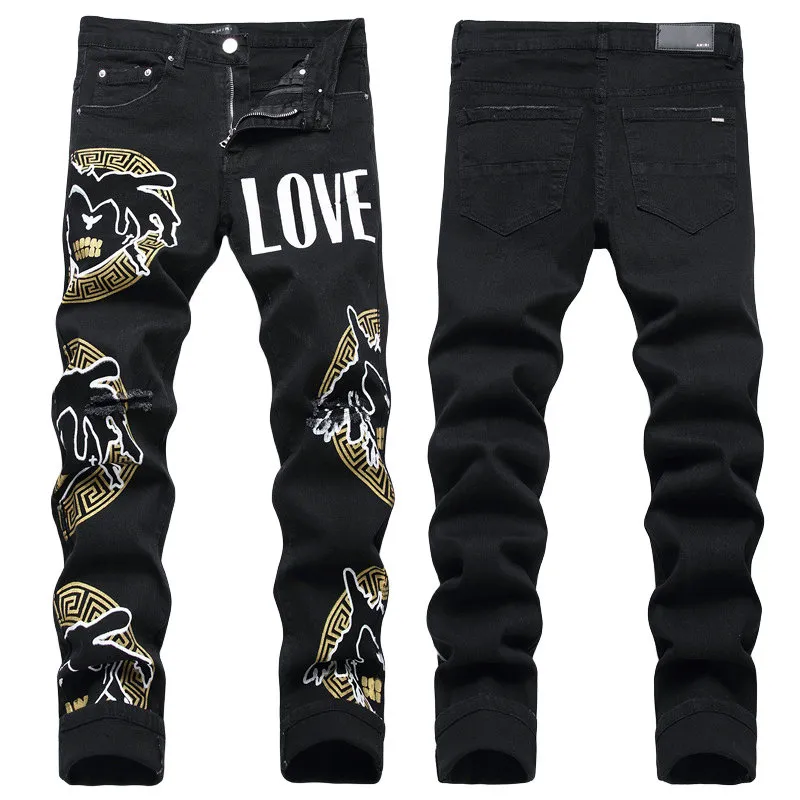 Hombres Jeans Carta Estrella AM pequeño punto Hombres Bordado Patchwork Rasgado Sexy Romántico Salvaje Pantalón de motocicleta Hombres AM3262-00 tamaño 29-38