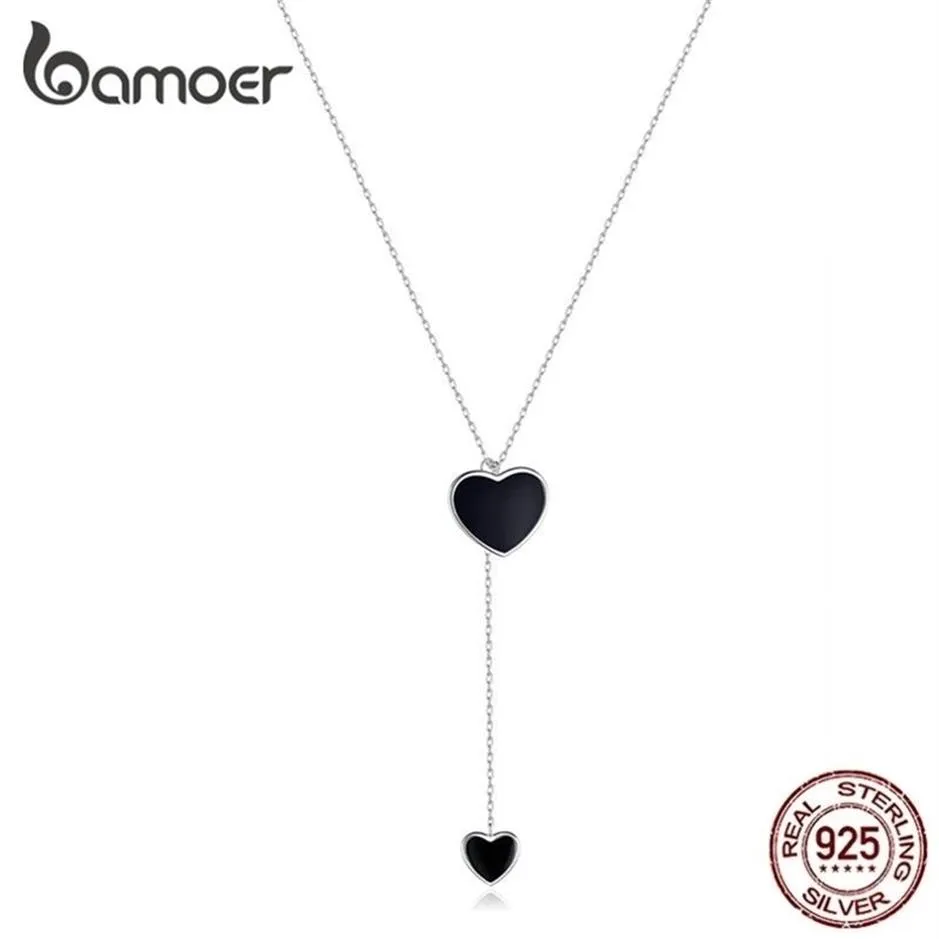 Double Heart Necklace for Women Simple Black Emamel Y-Shape Chain Halsband 925 Femme Sterling Silver Jewelry BSN095 220209348W