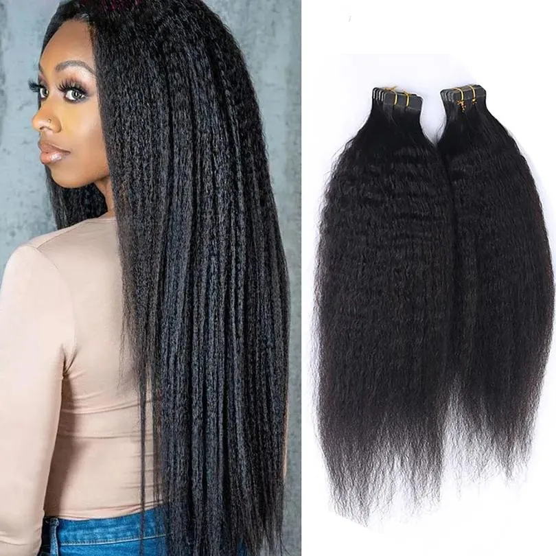 Extension Kinky Straight Skin Wefts Malaysische Remy-Haarverlängerungen mit Klebeband, 40 Stück pro Packung, natürliche Farbe, maschinell hergestellt