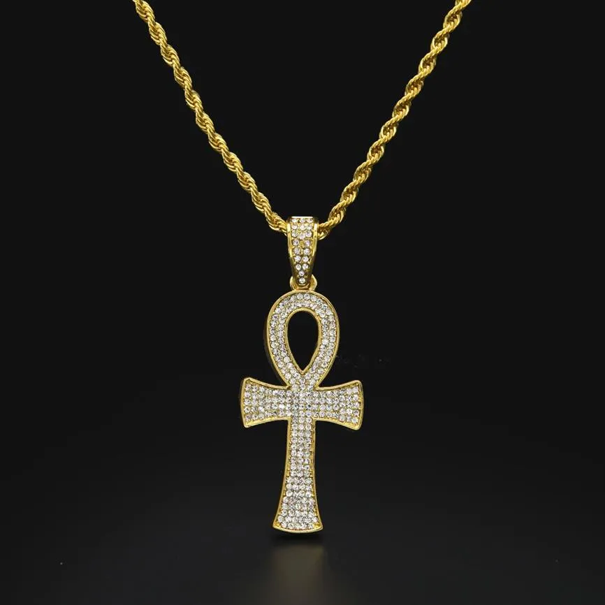 Ankh egiziano Chiave della vita Collana con ciondolo croce placcato oro Collana con ciondolo a catena con strass pieno di lusso Gioielli con ciondolo croce Drop Shippin259T