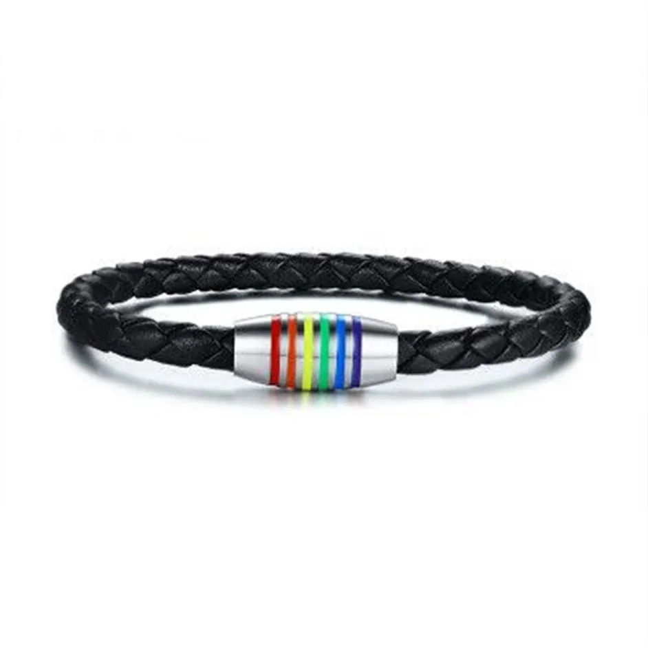 Svart Pride äkta läderbälgar Rainbow Gay Lesbian Armband Rostfritt stålsmycken med magnetisk lås PB-014B277U