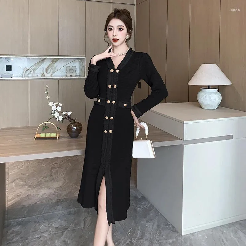 Casual Dresses Fashion Women Double Breasted Sticked Dress Autumn V-Neck High Maisted Split Midi Elegant Bodycon tröja T663