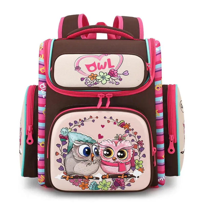 EST 3D Cartoon Owl Kids School Bag for Girls Orthopedic Primary Schoolväska vikta barn Knapsack 231229