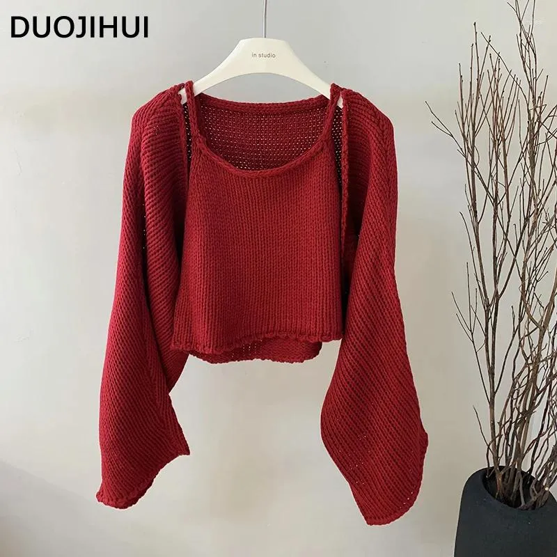 Kvinnors stickor duojihui Tvådel hösten Basic Loose Knit Female Cardigans Sexig Camisole Fashion Long Sleeve Simple Sweater Women Cardigan