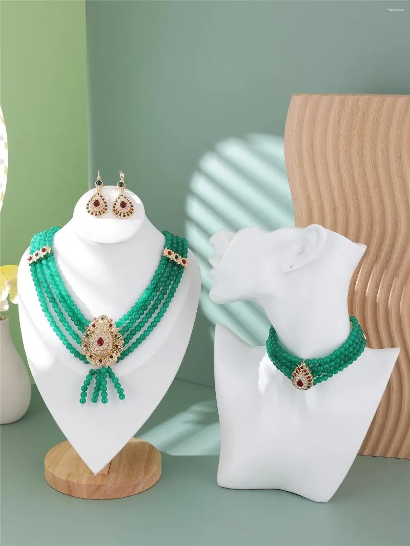 Ensemble de boucles d'oreilles et collier, bijoux de mariage marocains, perles en pierre verte naturelle faites à la main pour mariée, Caftan plaqué or