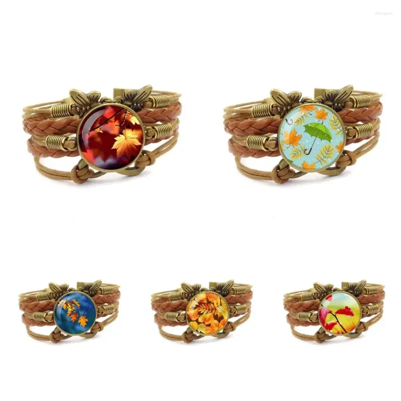 Bangle Autumn Leaf For Women Choker Glass Cabochon Jewelry Multilayer Brown Leather Bracelet Select