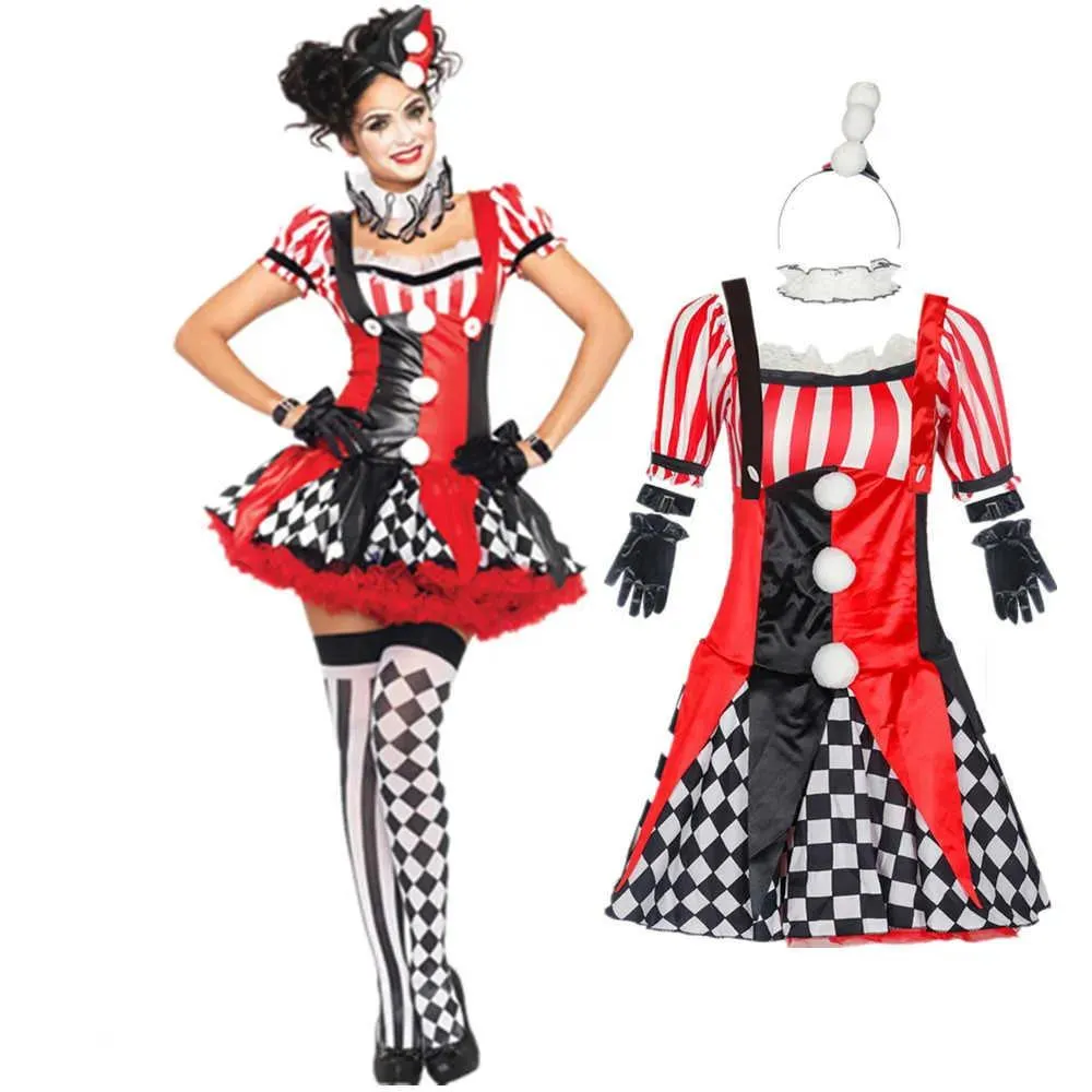 Perucas cosplay perucas 4 pçs adulto feminino engraçado palhaço de circo traje feminino palhaço cosplay carnaval halloween fantasia vestido desempenho roupas