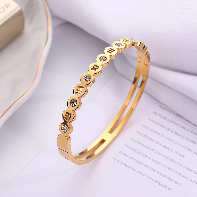 Bangle European And American Roman Digital Stainless Steel Hollow Jeweled Women's Buckle Bracelet