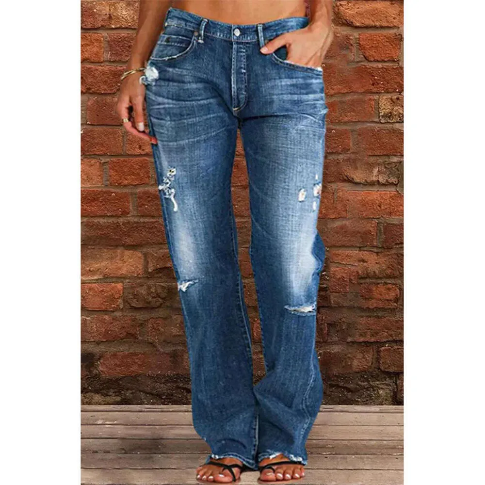 Kvinnors jeans Loose Ripped Tassel Fashion Street Style Denim Trousers 2023 Autumn Plus Size Ladies Straight Leg Pants