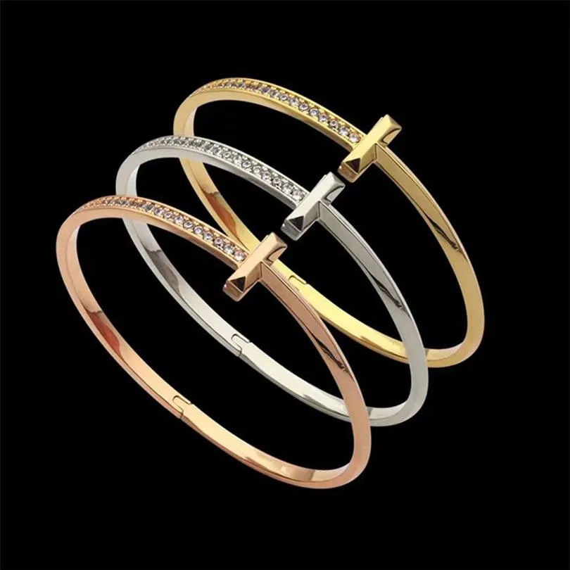 2022 Luxus Einreihige Kristall Manschette Armband Klassische Marke Designer T Armband Europäischen Mode MännerFrauen Armbänder Edelstahl Stee253T