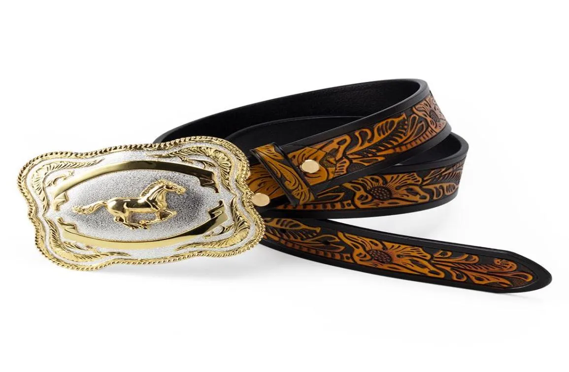 Belts Big Alloy Buckle Golden Horse Leather Belt Cowboy Leisure For Men Floral Pattern Jeans Accessories Fashion6143771