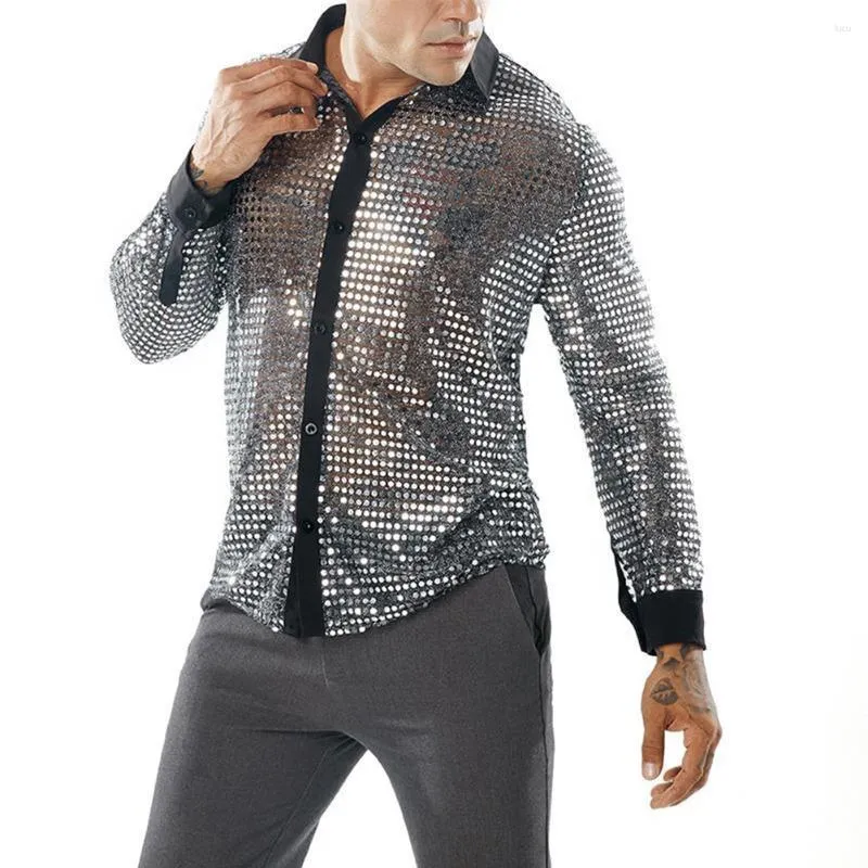 Men's Casual Shirts Retro 70s Disco Nightclub Sparkly Sequins Party Dance Tops Long Sleeve Shiny Silver/Gold/Black