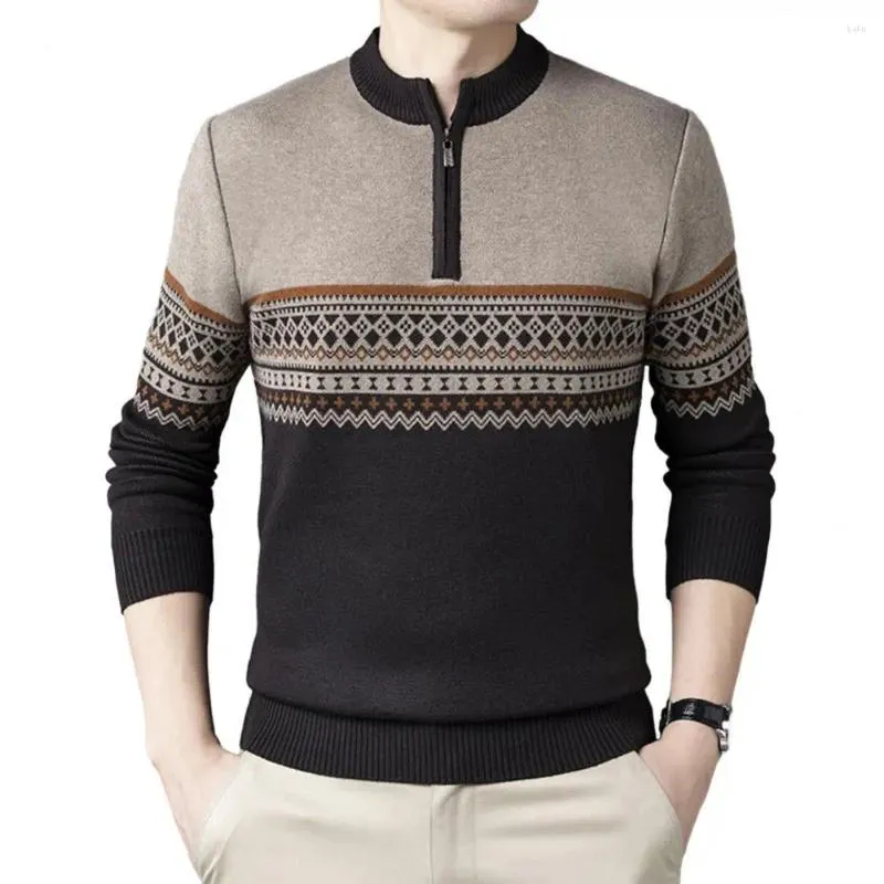 Мужские свитера, легкий вязаный свитер, мужской базовый слой, топ в винтажном полосатом стиле с декором на молнии с круглым вырезом на зиму