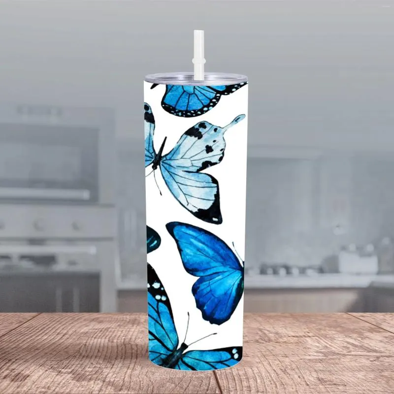 水筒蝶のタンブラー蓋とストロー20オンス断熱された青いスキニー女性用ボトル旅行マグワインカップ