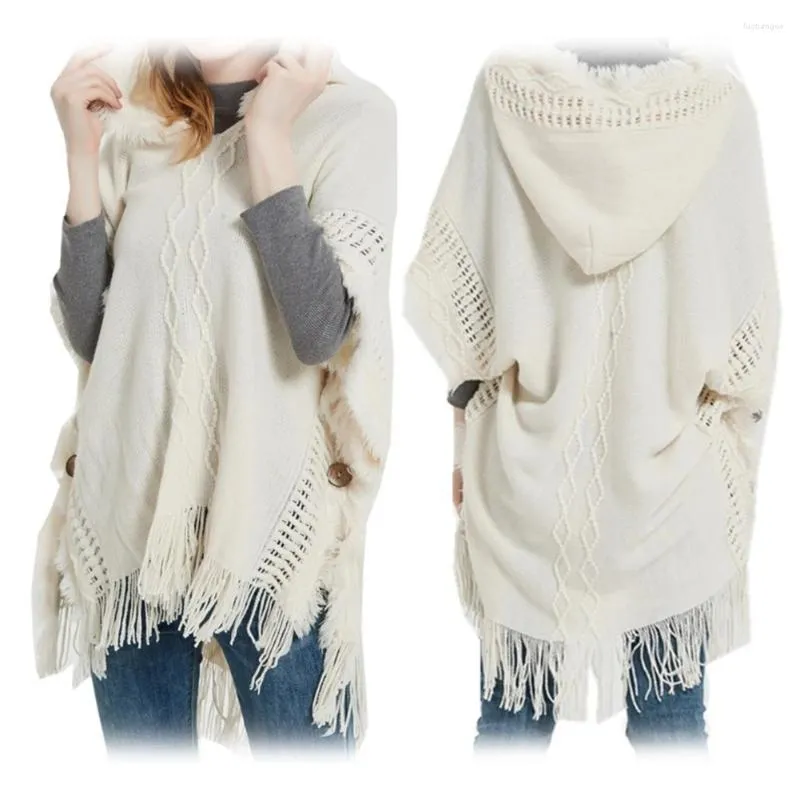 Dames Truien Mode Vrouwen Poncho Kwasten Gebreide Sjaal Trui Vintage Capuchon Omzoomd Wrap Knop Trui Jumper Tops Kleding