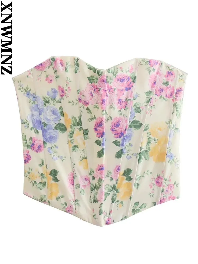 Camiseta xnwmnz 2022 moda feminina frente metal ganchos floral impressão bustier vintage querida pescoço ombros expostos feminino camis mujer