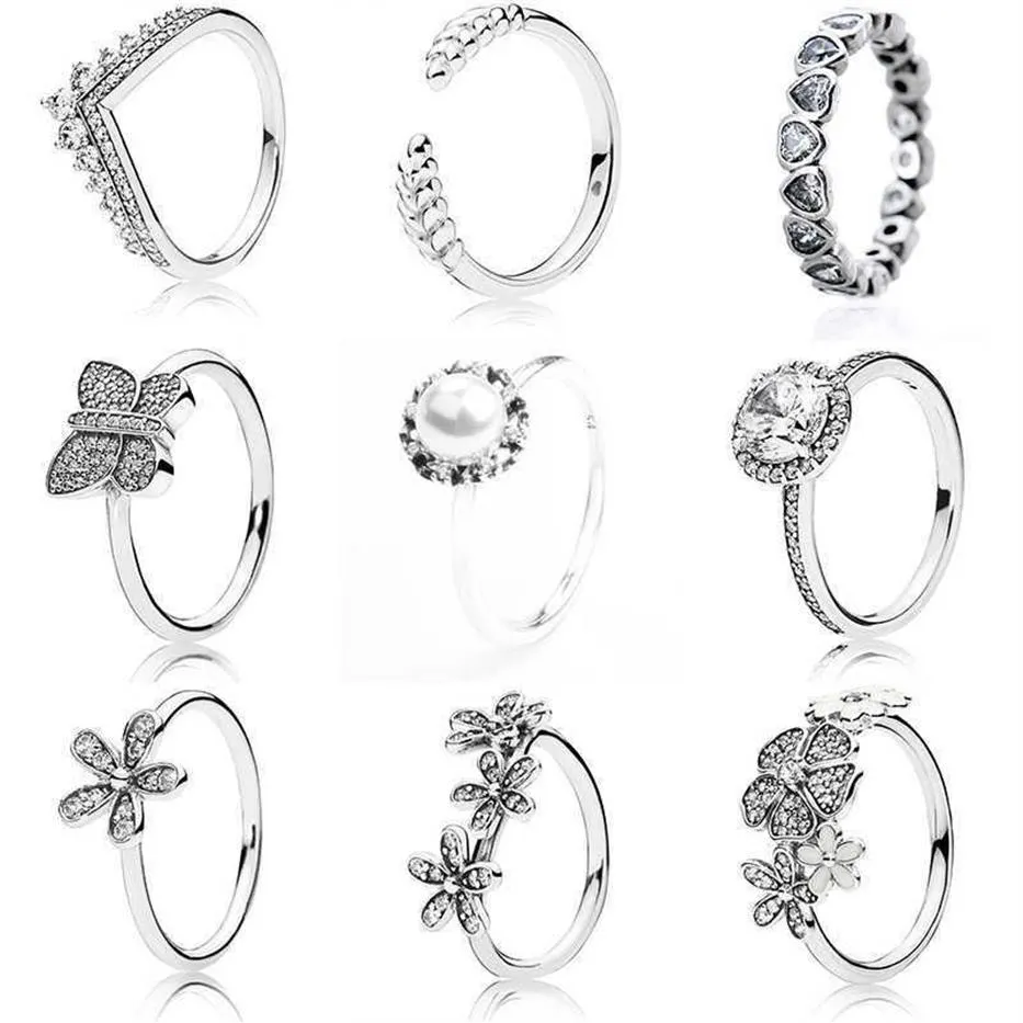 Classic Silver Color Rings with Flower Pearl Butterfly Rice Ear Crystal Wedding & Party Ring for Women Jewelry Q0603307h