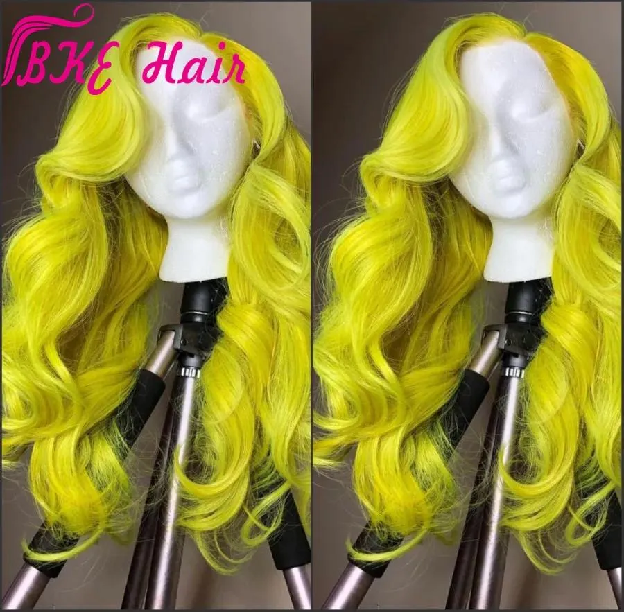 Parrucche naturali ondulate lunghe colore giallo neon parrucche sintetiche resistenti al calore in pizzo anteriore parrucche per trucco per feste cosplay