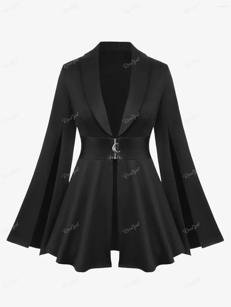 Women's Jackets ROSEGAL Plus Size Gothic Wide-waisted Coat Lapel Collar Split Flutter Sleeves PU Panel Zipper Belted Ruched Jacket Outwear