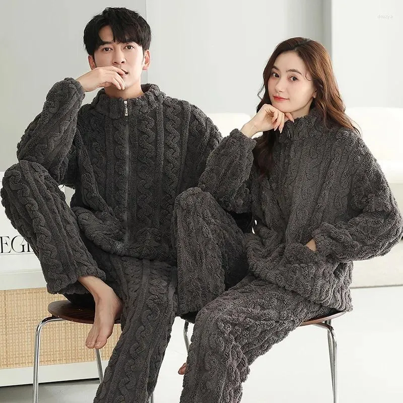 Erkekler pijama Koreli kadınlar ve erkekler kış sıcak pazen nightwear fermuar ev kıyafeti çiftler için genç erkek kız sevenler pjs