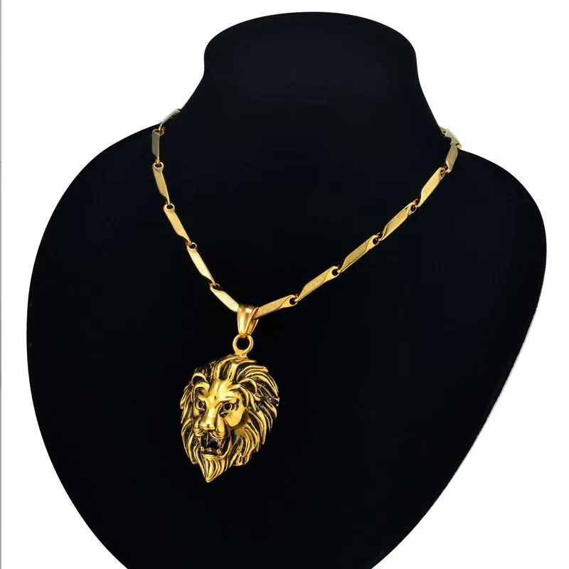 Colliers tête de Lion en or jaune 14 carats pour hommes, pendentif couleur dorée RU, chaîne à maillons chauds, bijoux Punk pour hommes