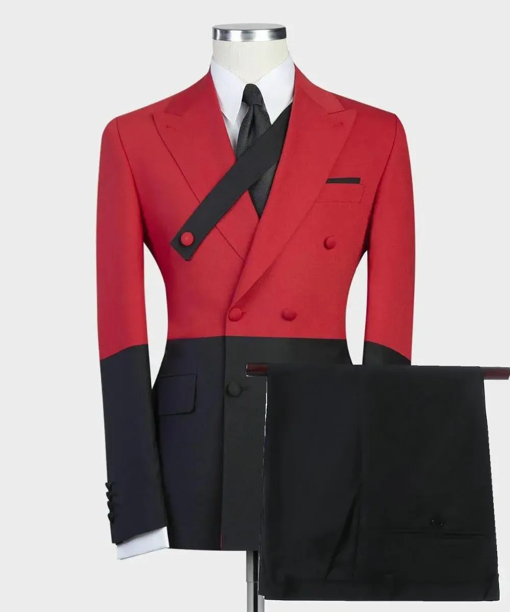 Blazer 2021 Abiti da uomo rossi e neri doppio petto (giacca + pantaloni) colletto a punta abiti da sposo slim fit per smoking da festa di nozze