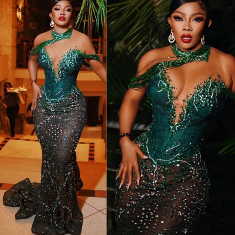 Hunter Green African Arabisch ASO EBI Prom Kleider Hochhals Perlen Perlen Tassel Meerjungfrau Spitzenabend formal