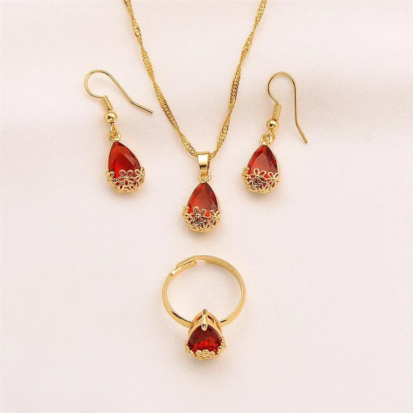 Goccia d'acqua Set di gioielli in cristallo rosso Collana con ciondolo Orecchini Anello in oro massiccio 24k fine GF cz grande gemma rettangolare con canale2825