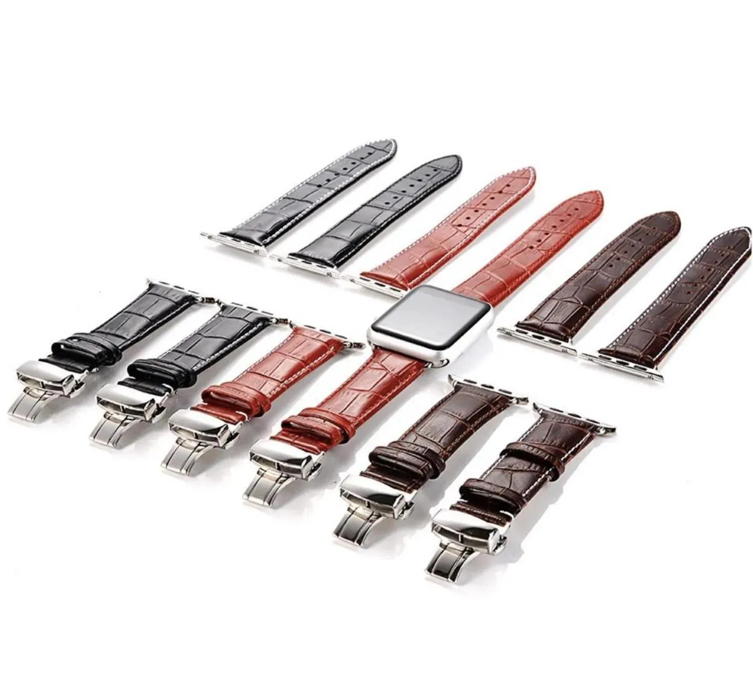 STACTS MOTEUR CROCODILE Véritable bande de cuir de veau Butfly de remplacement avec adaptateur pour Apple Watch S1 / S2 / S3 / S4 38 mm 42 mm 40 mm 4