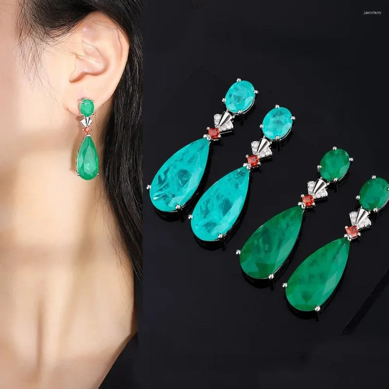 Dangle Earrings Silver Color Paraiba TourmalineEmerald Gemstone Big Drop for Women Calktail Party Jewelry Anniversary Femaly Gift