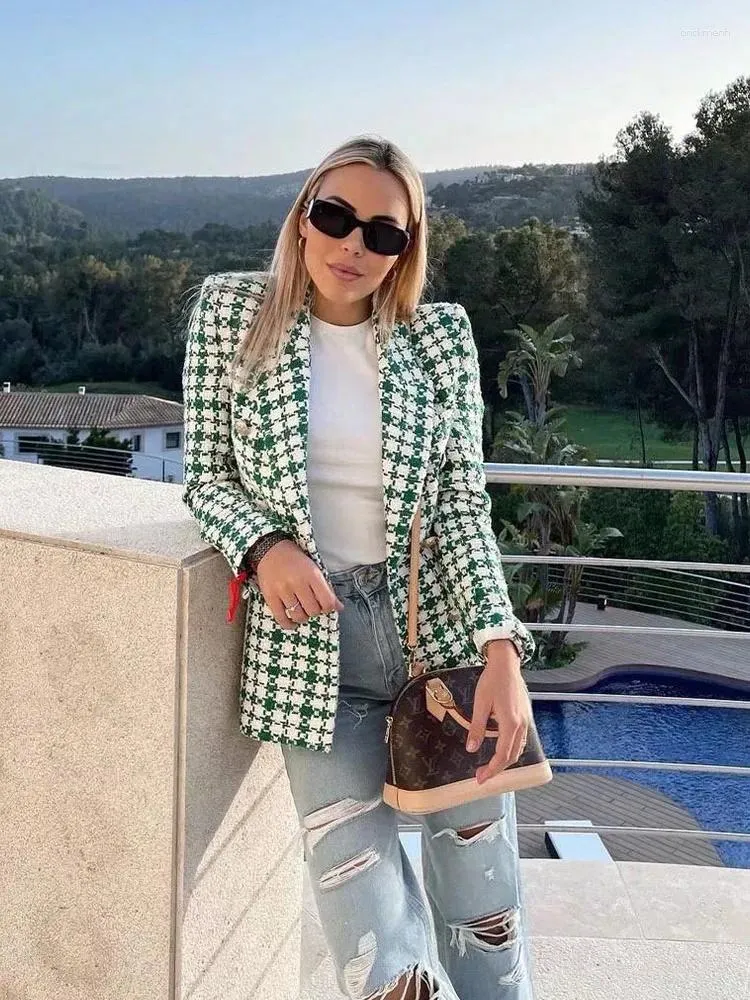 Women's Suits Women Jacket 2023 Fashion Double Breasted Tweed Check Blazer Coat Vintage Long Sleeve Pockets Female 2387/510