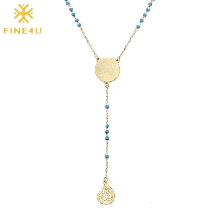 FINE4U N314 Acero inoxidable musulmán árabe impreso colgante collar Color azul cuentas Rosario collar cadena larga Jewelry195Y