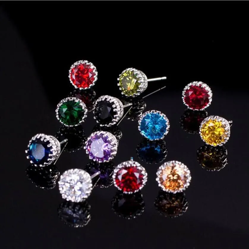 Choucong Top Sell Simple Fashion Jewelry 8mm Round Cut Multi Gemstones Sapphire Cz Diamond Women Wedding Crown Stud Earring Present N165S