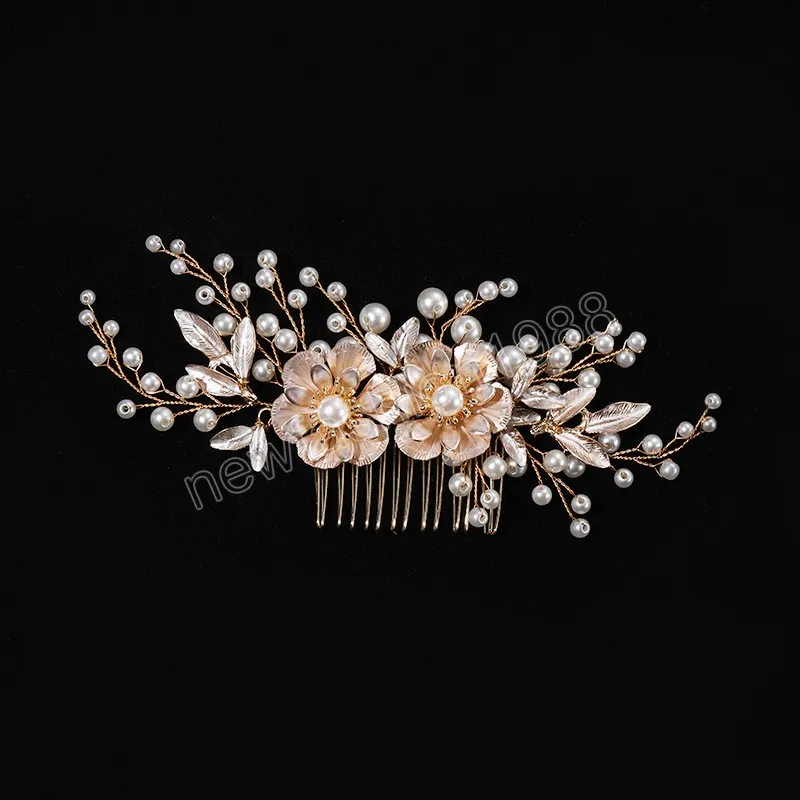 Neue Hochzeit Haarkamm Goldene Braut Tiaras Kopfschmuck Perle Blumen Haarnadel Luxus Prom Haar Schmuck bijoux
