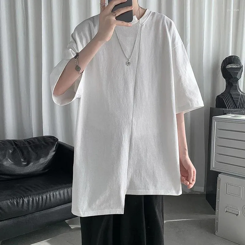 Homens camisetas verão irregular fenda manga curta homens o pescoço camisa personalidade moda casual simples roupas de grandes dimensões preto branco cinza