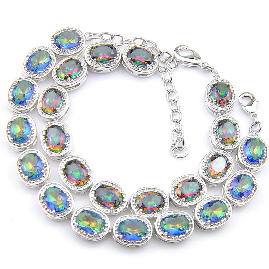 Luckyshine 2 Stück 925 Sterling Silber Mystic Topaz Oval Regenbogen Armbänder Splitter Für Frauen Farbige Zirkon Armbänder Armreifen Jewelry240u