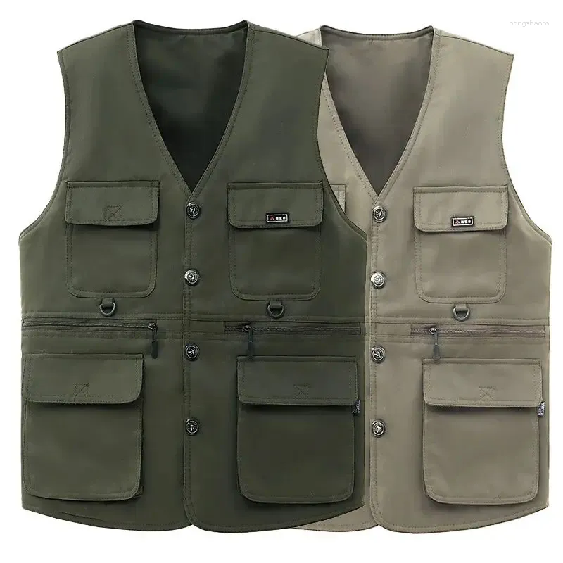 Gilets pour hommes Gilet multi-poches Hommes âgés moyens Col V Simple Boutonnage Casual Vestes sans manches Pographie Gilet Outillage