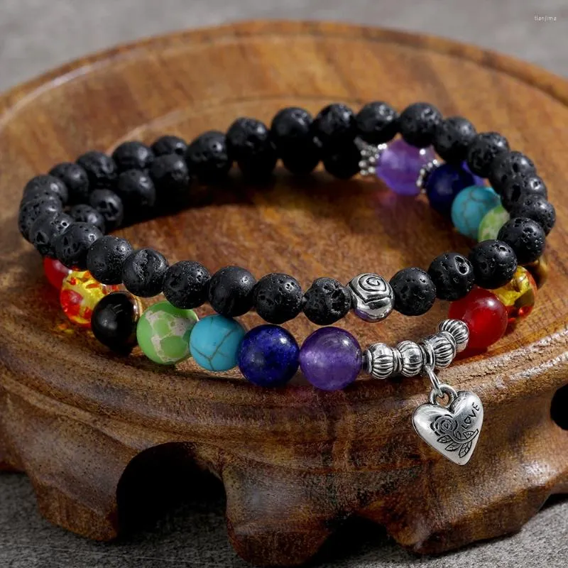 Strand YUOKIAA Vintage Fashion 6mm Volcano Stone Beads Love Charm Bracelet Seven Chakras Yoga Spirit Buddha Jewelry Gift